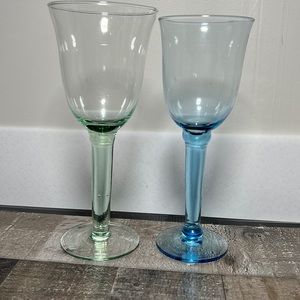 Vintage Large Stemware Wine Glasses Green & Blue Set of 2